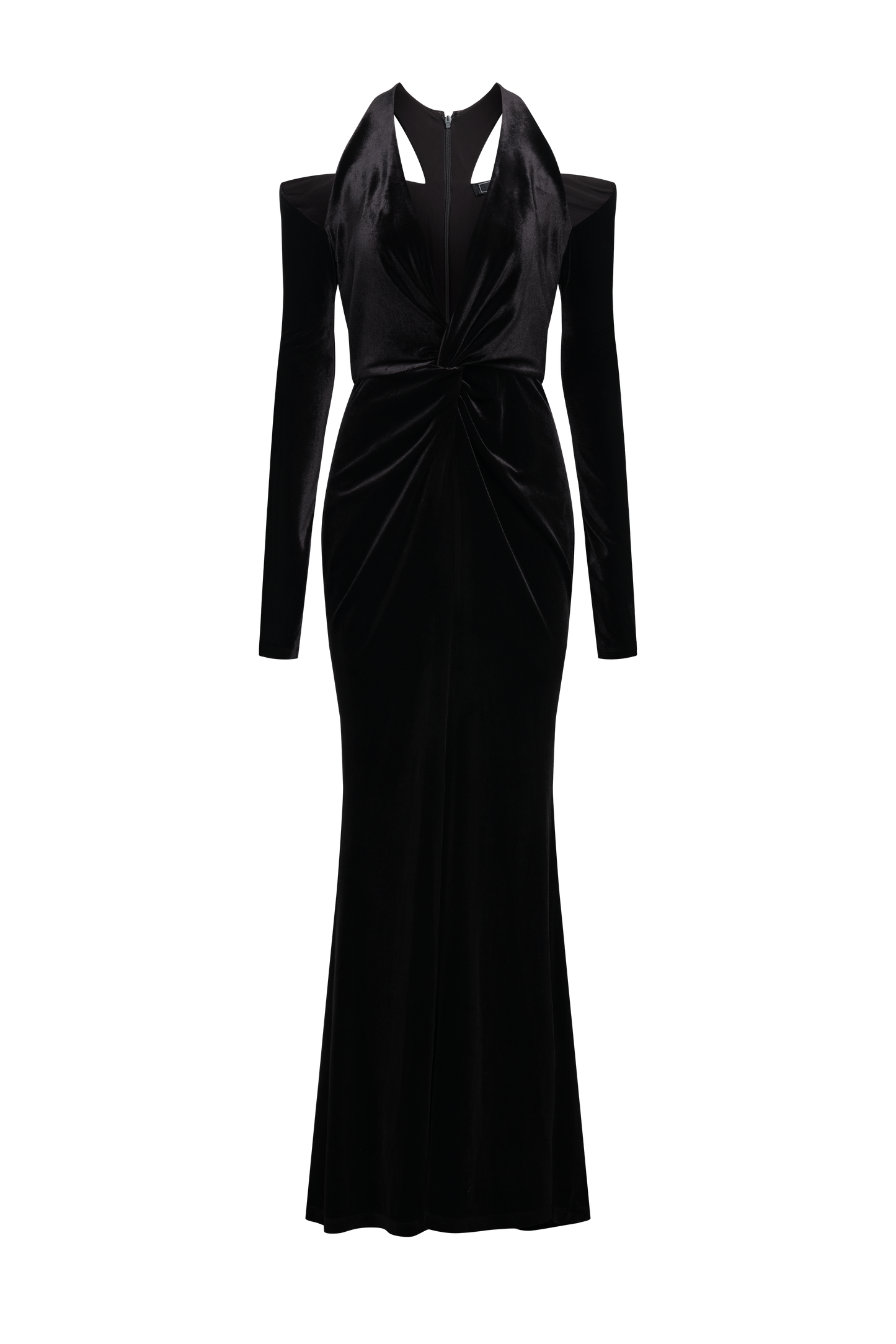 BCBGMAXAZRIA Long Sleeve Halter Velvet Gown Black