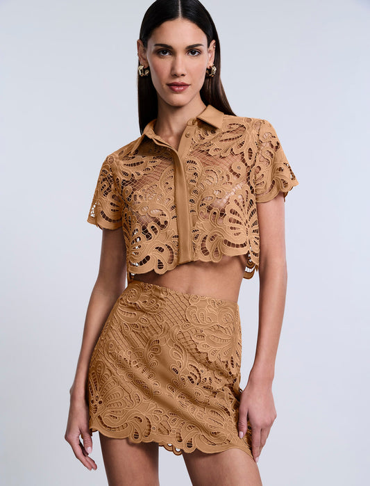 BCBGMAXAZRIA Eyelet Button Down Polo Brown Sugar