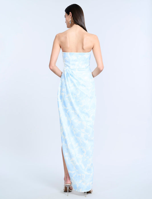 BCBGMAXAZRIA Pleat Bodice Wrap Skirt Gown Sky Floral Print