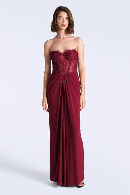 BCBGMAXAZRIA Lace & Jersey Gown Cabernet