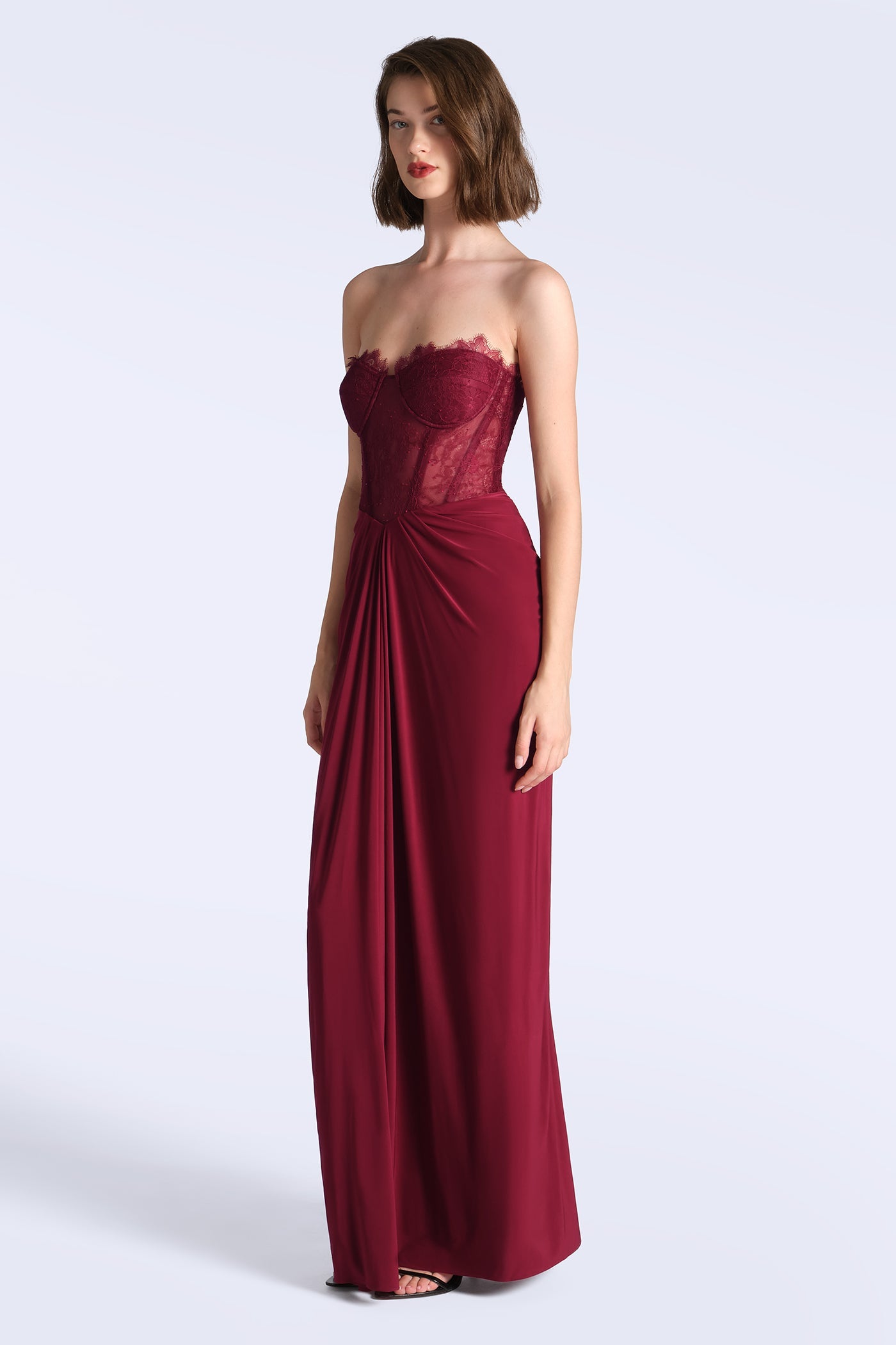 BCBGMAXAZRIA Lace & Jersey Gown Cabernet
