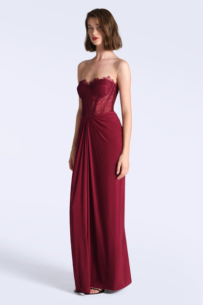 BCBGMAXAZRIA Lace & Jersey Gown Cabernet