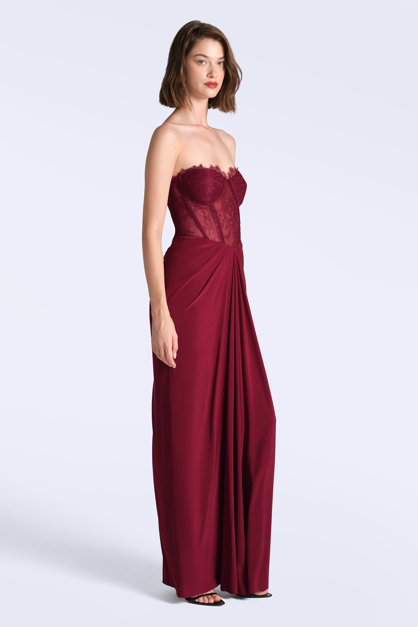 BCBGMAXAZRIA Lace & Jersey Gown Cabernet
