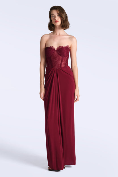 BCBGMAXAZRIA Lace & Jersey Gown Cabernet