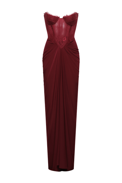 BCBGMAXAZRIA Lace & Jersey Gown Cabernet