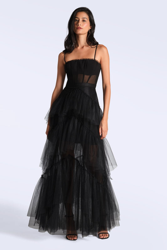 BCBGMAXAZRIA Oly Tiered Ruffle Tulle Evening Gown Black