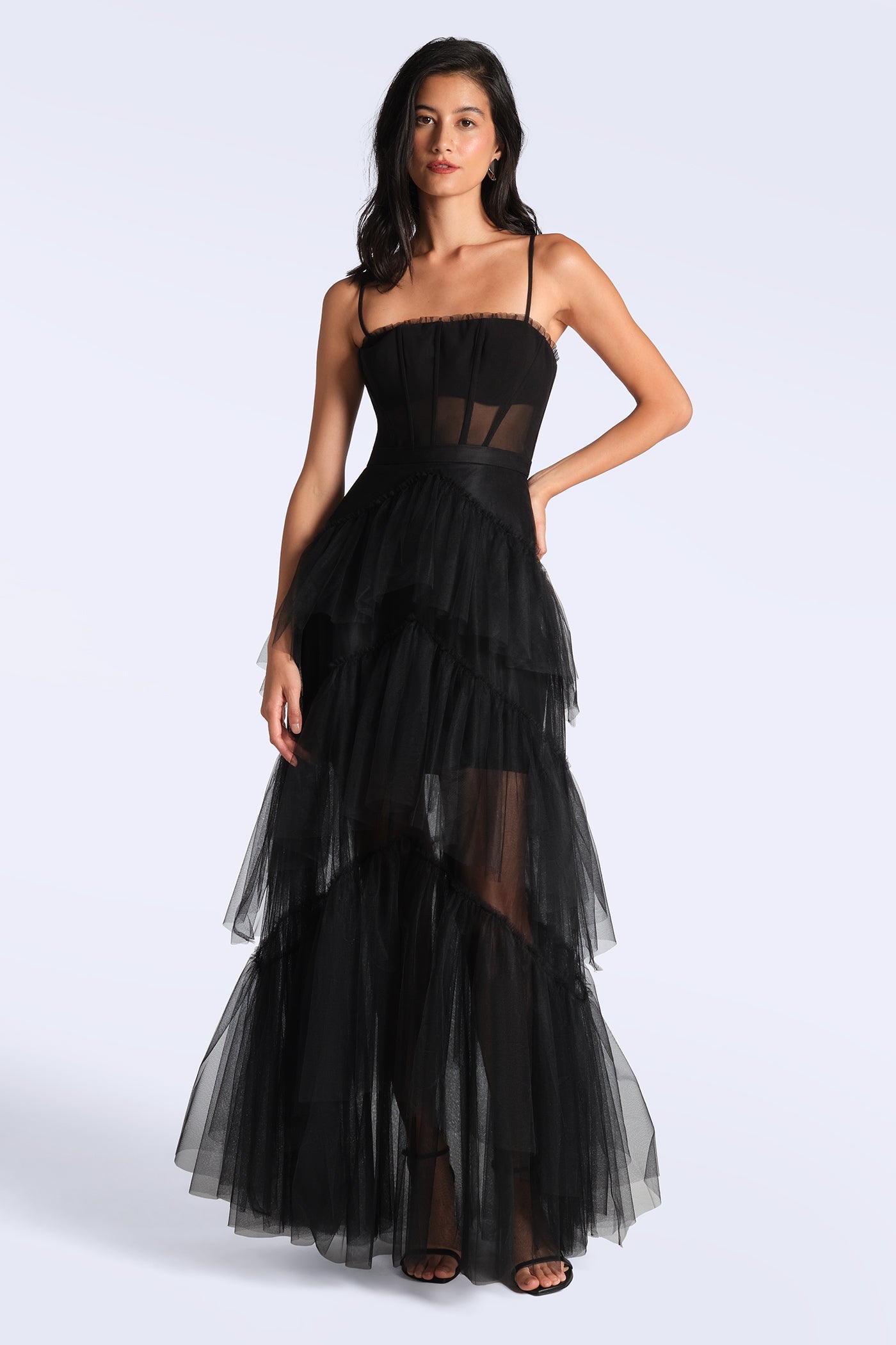 BCBGMAXAZRIA Oly Tiered Ruffle Tulle Evening Gown Black
