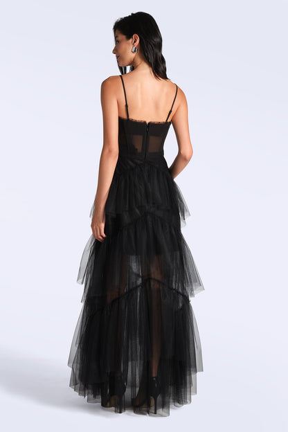 BCBGMAXAZRIA Oly Tiered Ruffle Tulle Evening Gown Black