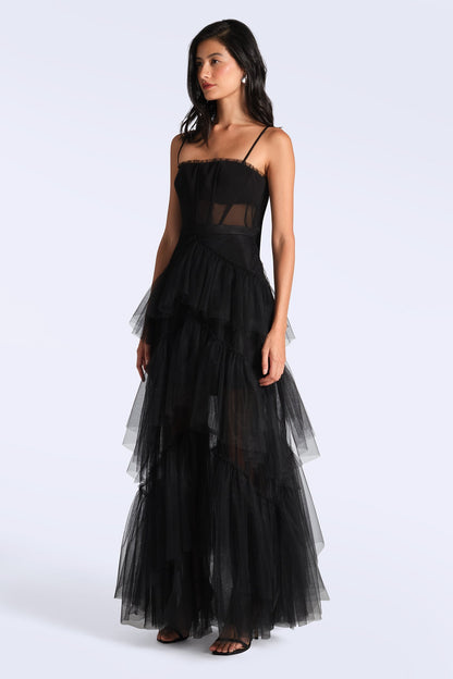 BCBGMAXAZRIA Oly Tiered Ruffle Tulle Evening Gown Black