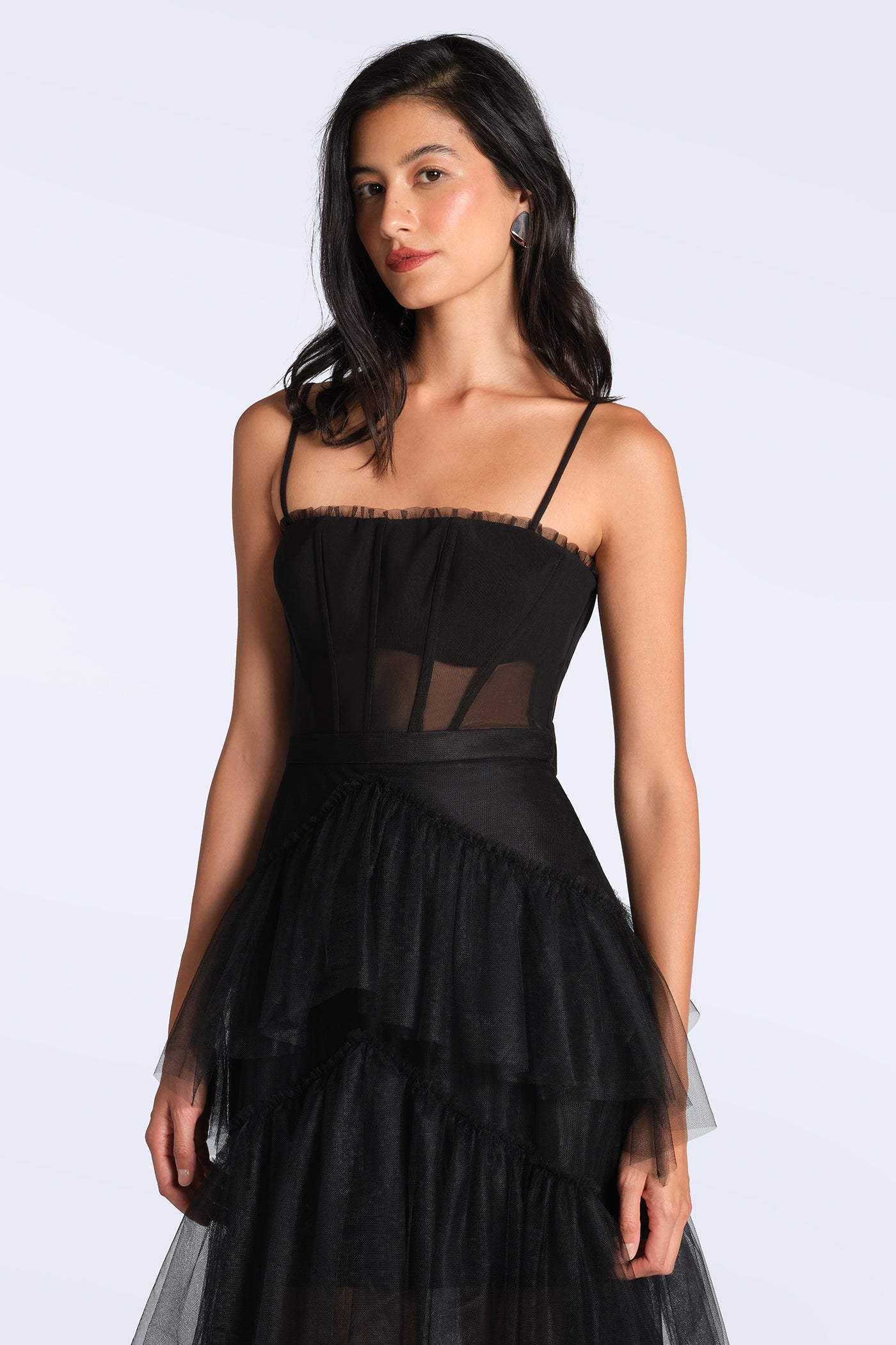 BCBGMAXAZRIA Oly Tiered Ruffle Tulle Evening Gown Black