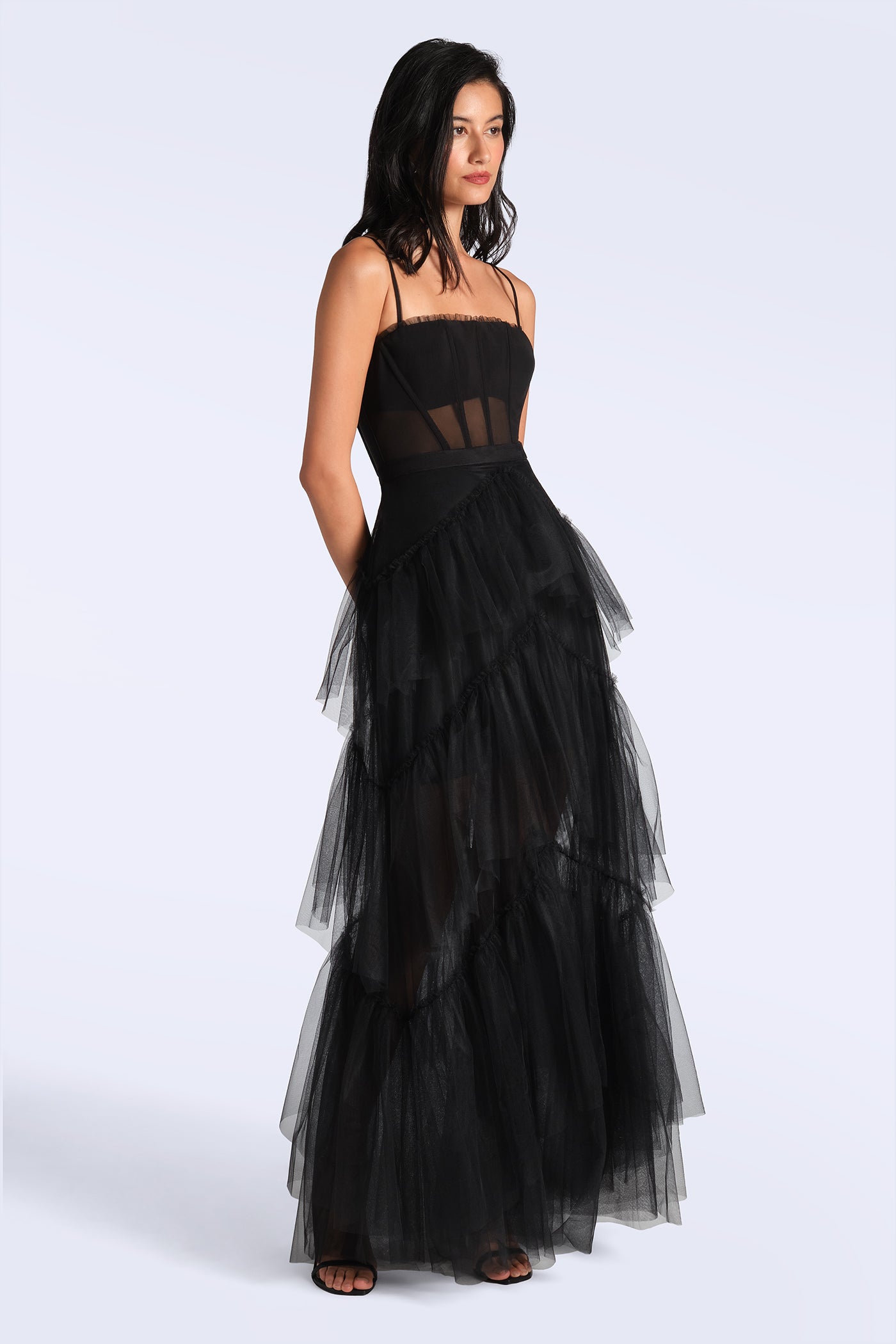 BCBGMAXAZRIA Oly Tiered Ruffle Tulle Evening Gown Black