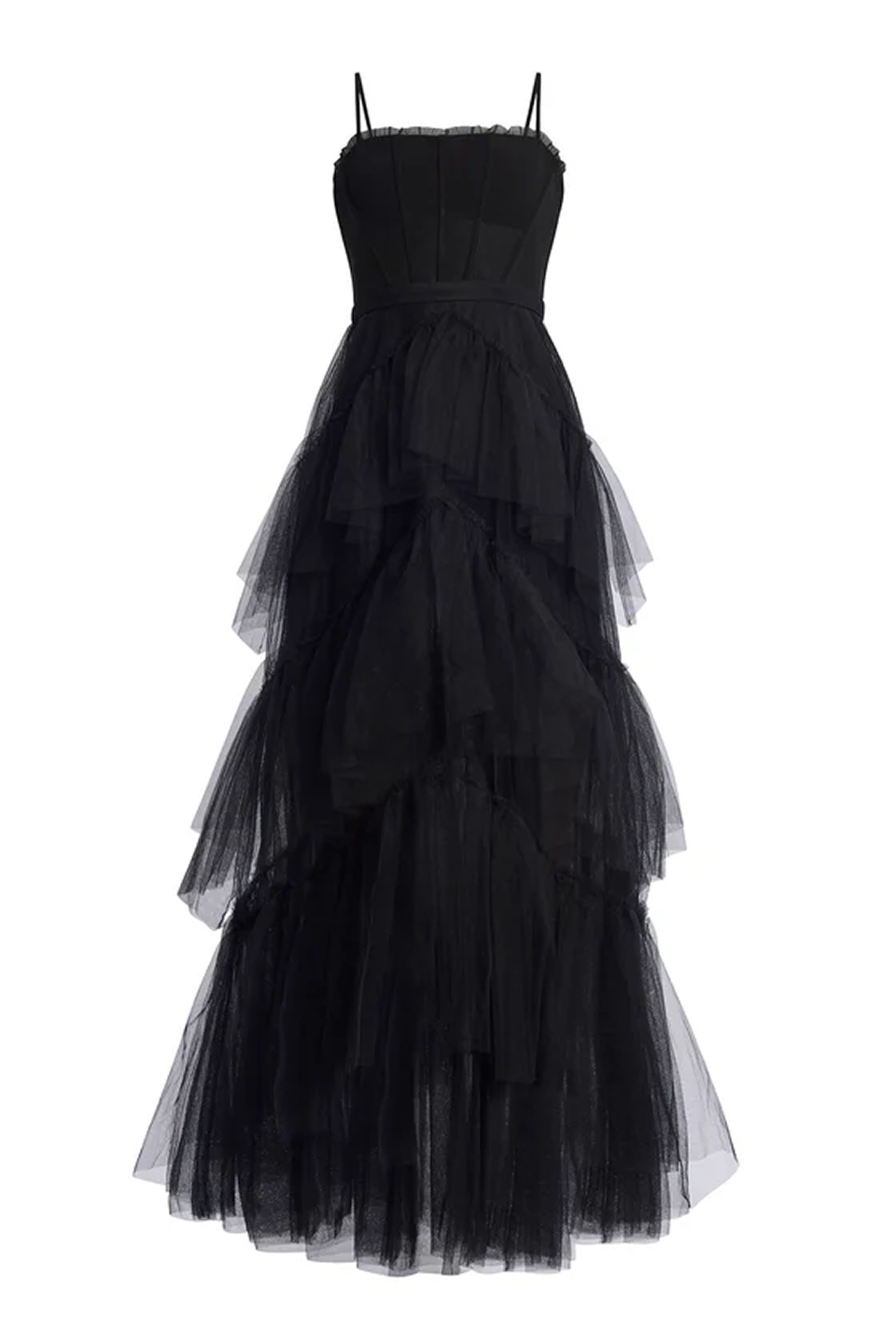 BCBGMAXAZRIA Oly Tiered Ruffle Tulle Evening Gown Black