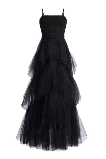 BCBGMAXAZRIA Oly Tiered Ruffle Tulle Evening Gown Black