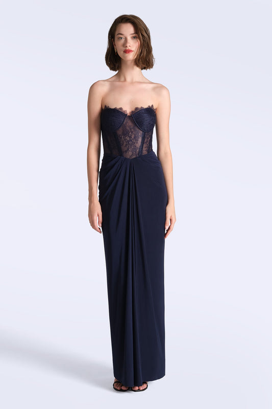 BCBGMAXAZRIA Lace & Jersey Gown Maritime Blue