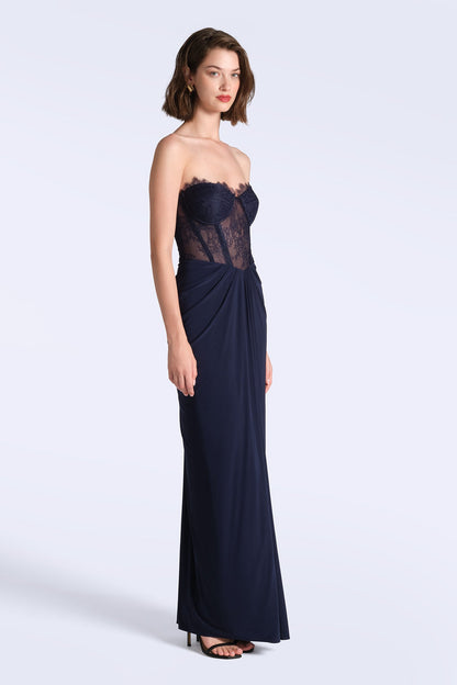 BCBGMAXAZRIA Lace & Jersey Gown Maritime Blue