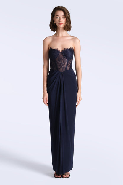 BCBGMAXAZRIA Lace & Jersey Gown Maritime Blue