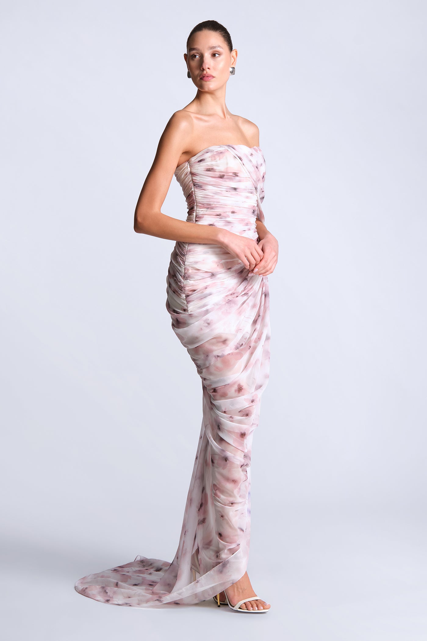 BCBGMAXAZRIA Isabella Printed Gown Bouquet Print Ash Purple