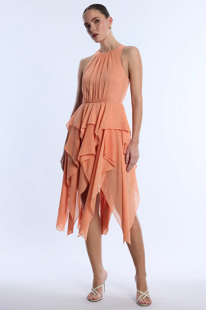 BCBGMAXAZRIA Ruffle Skirt Dress Apricot