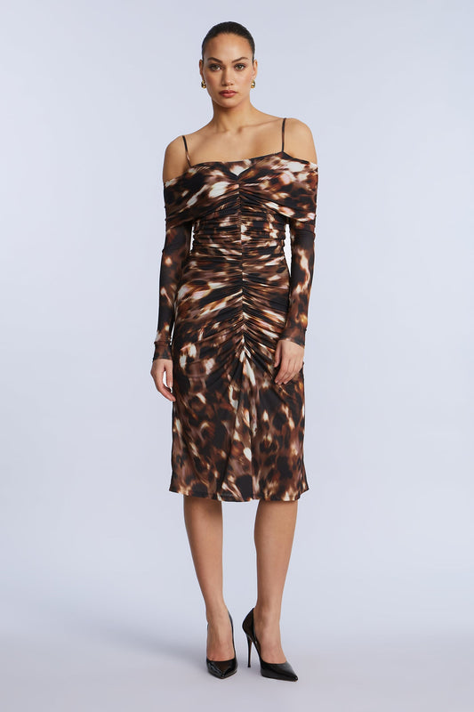 BCBGMAXAZRIA Jersey Off Shoulder Dress Leopard Desert Palm Print