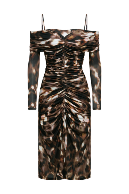 BCBGMAXAZRIA Jersey Off Shoulder Dress Leopard Desert Palm Print