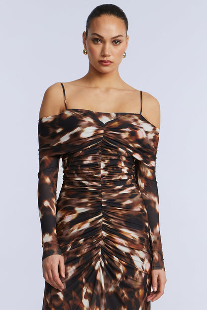BCBGMAXAZRIA Jersey Off Shoulder Dress Leopard Desert Palm Print