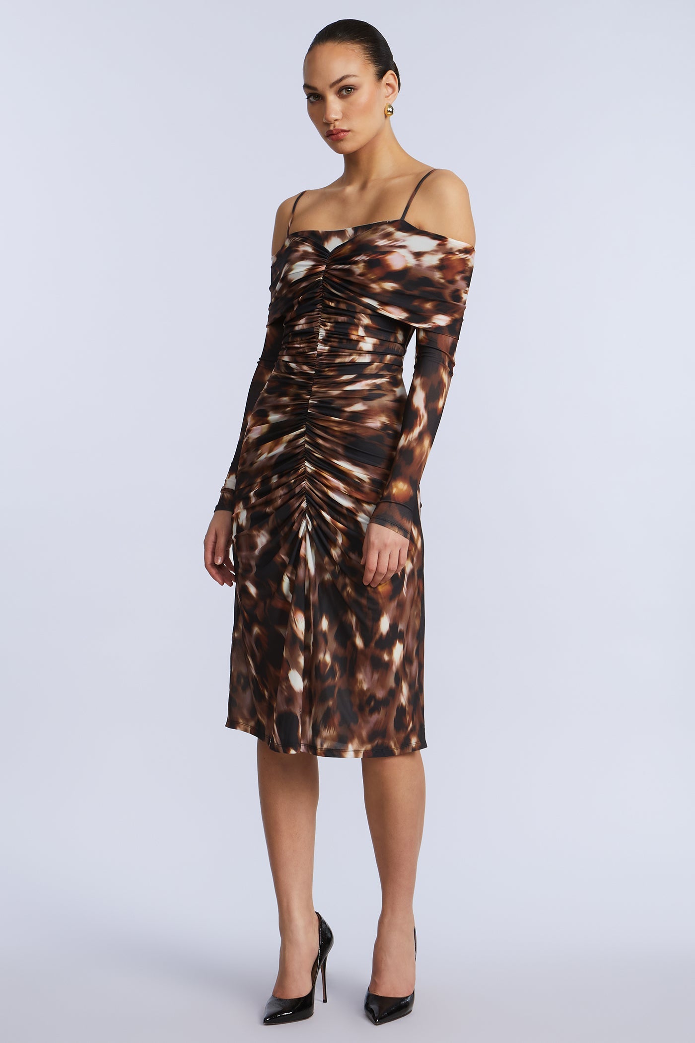BCBGMAXAZRIA Jersey Off Shoulder Dress Leopard Desert Palm Print