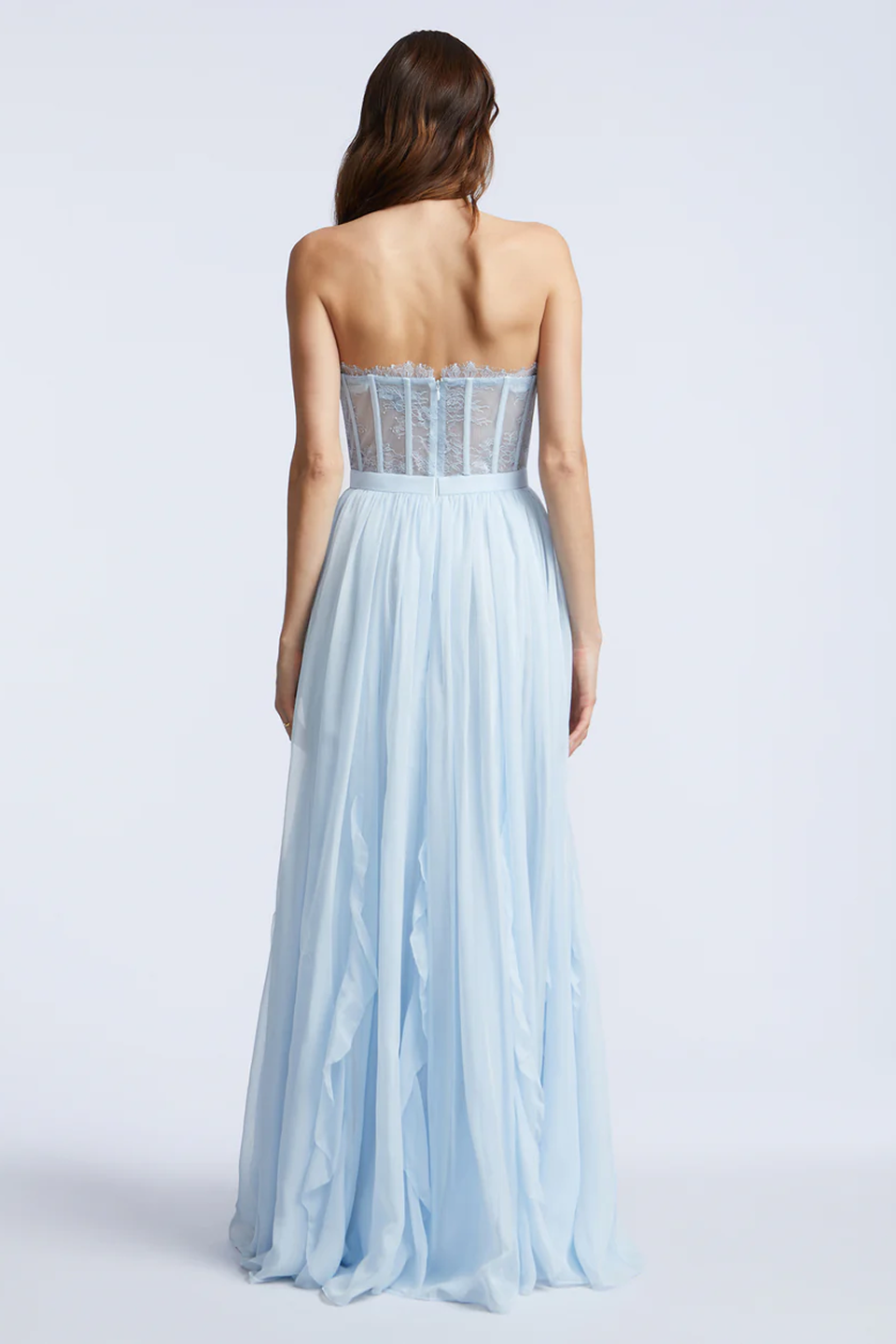 BCBGMAXAZRIA Lace Bodice Chiffon Ruffle Gown Skyway