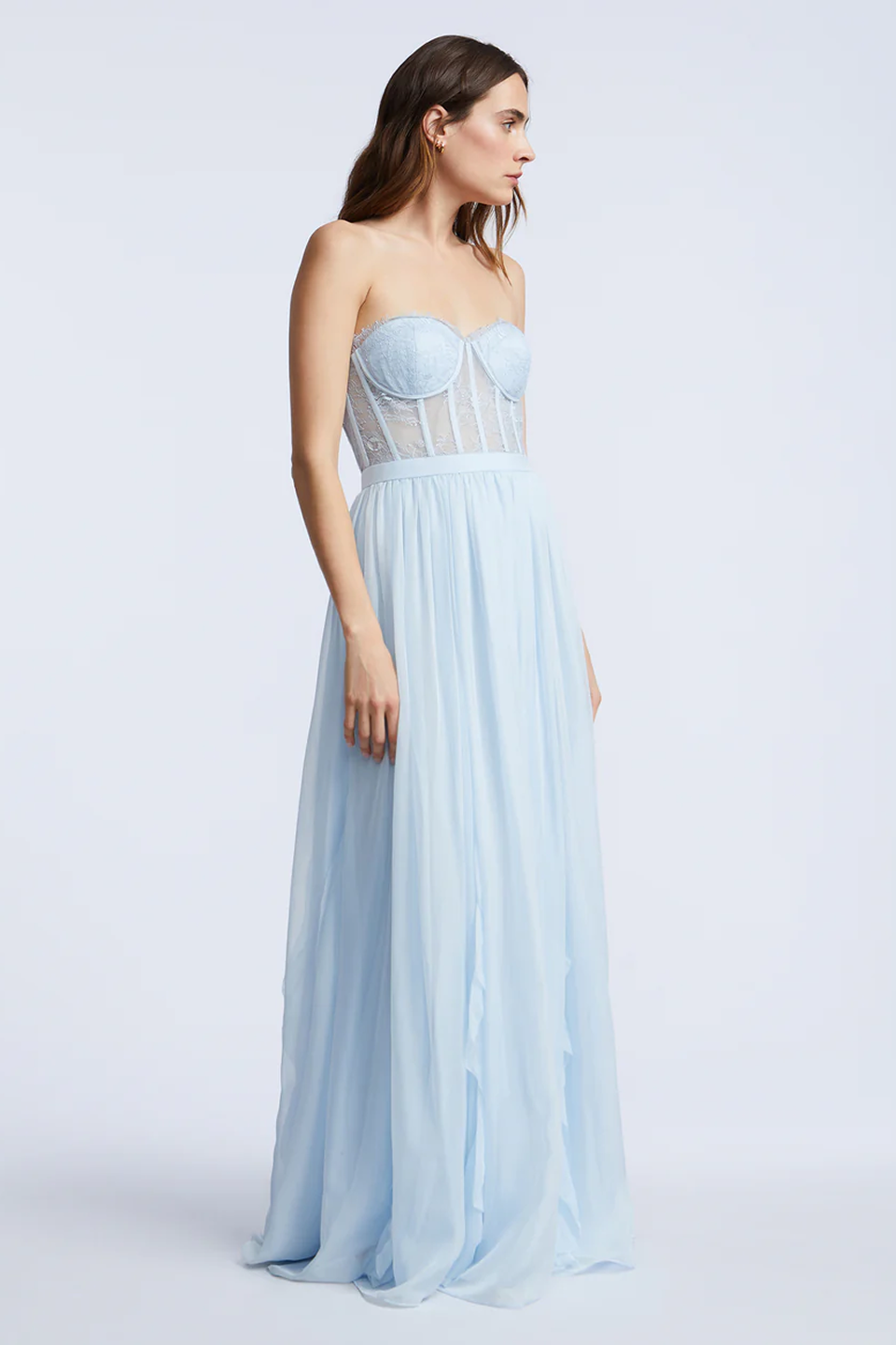 BCBGMAXAZRIA Lace Bodice Chiffon Ruffle Gown Skyway