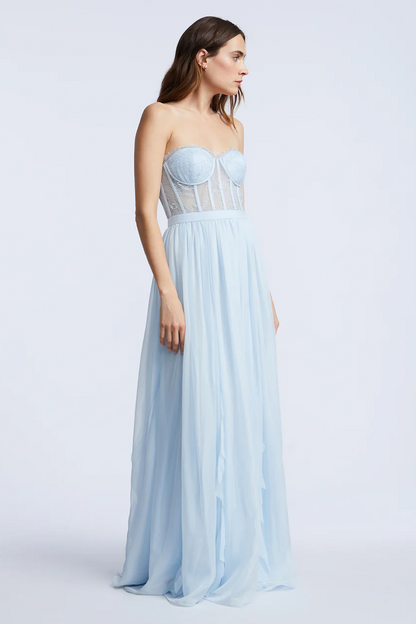 BCBGMAXAZRIA Lace Bodice Chiffon Ruffle Gown Skyway