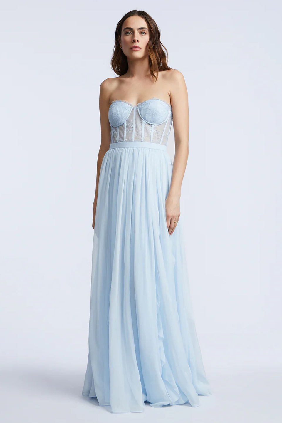 BCBGMAXAZRIA Lace Bodice Chiffon Ruffle Gown Skyway