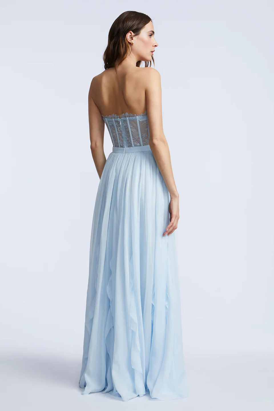 BCBGMAXAZRIA Lace Bodice Chiffon Ruffle Gown Skyway