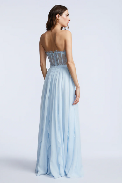 BCBGMAXAZRIA Lace Bodice Chiffon Ruffle Gown Skyway