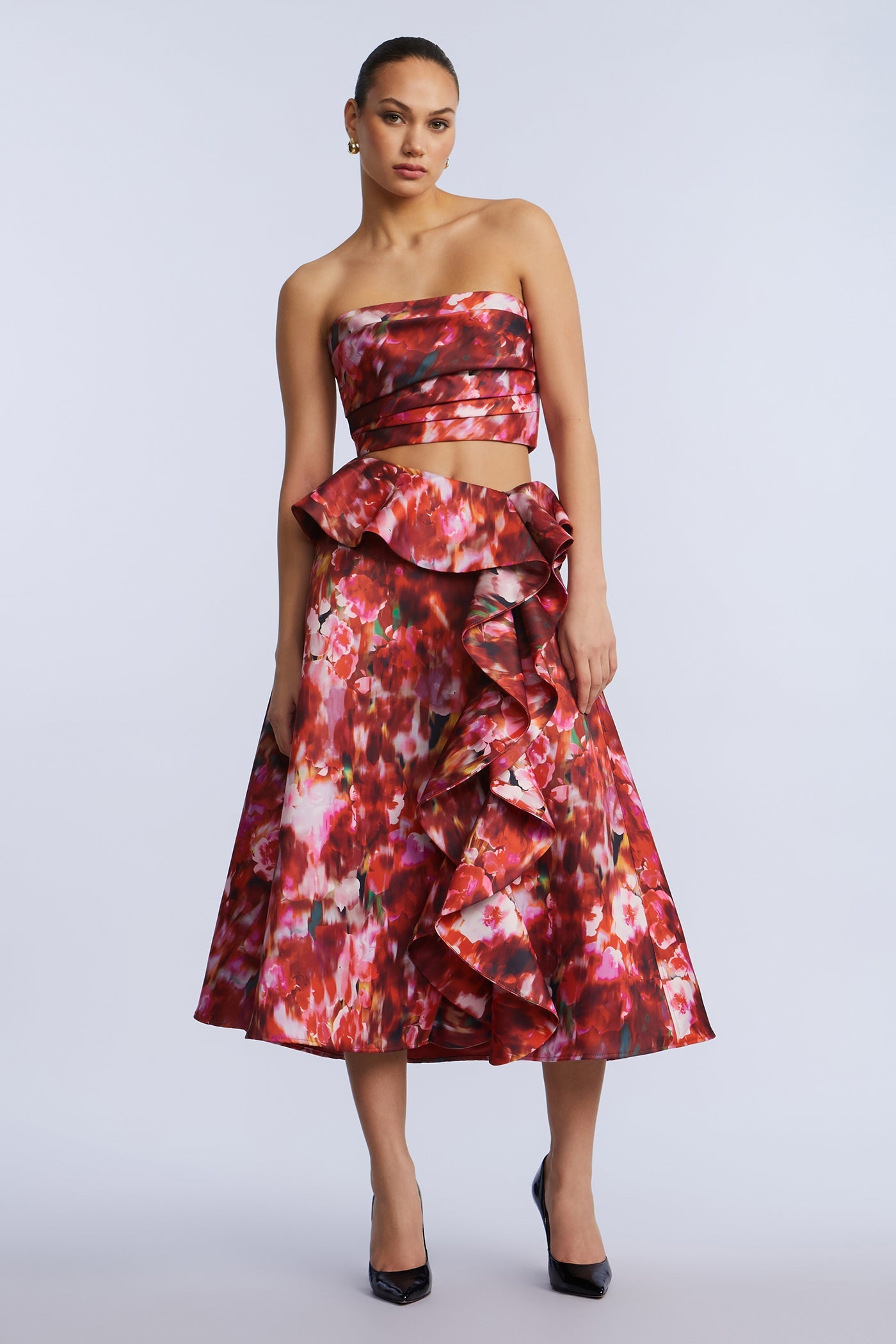 BCBGMAXAZRIA Printed Cascade Midi Skirt Washed Rose Chili Pepper Print