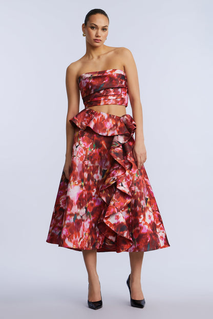 BCBGMAXAZRIA Printed Cascade Midi Skirt Washed Rose Chili Pepper Print