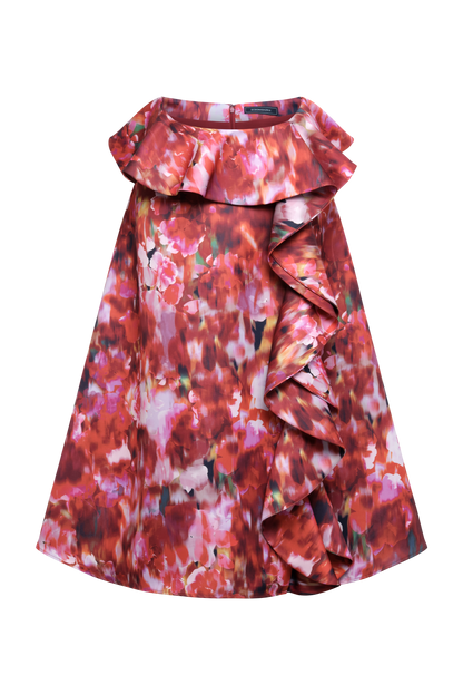 BCBGMAXAZRIA Printed Cascade Midi Skirt Washed Rose Chili Pepper Print