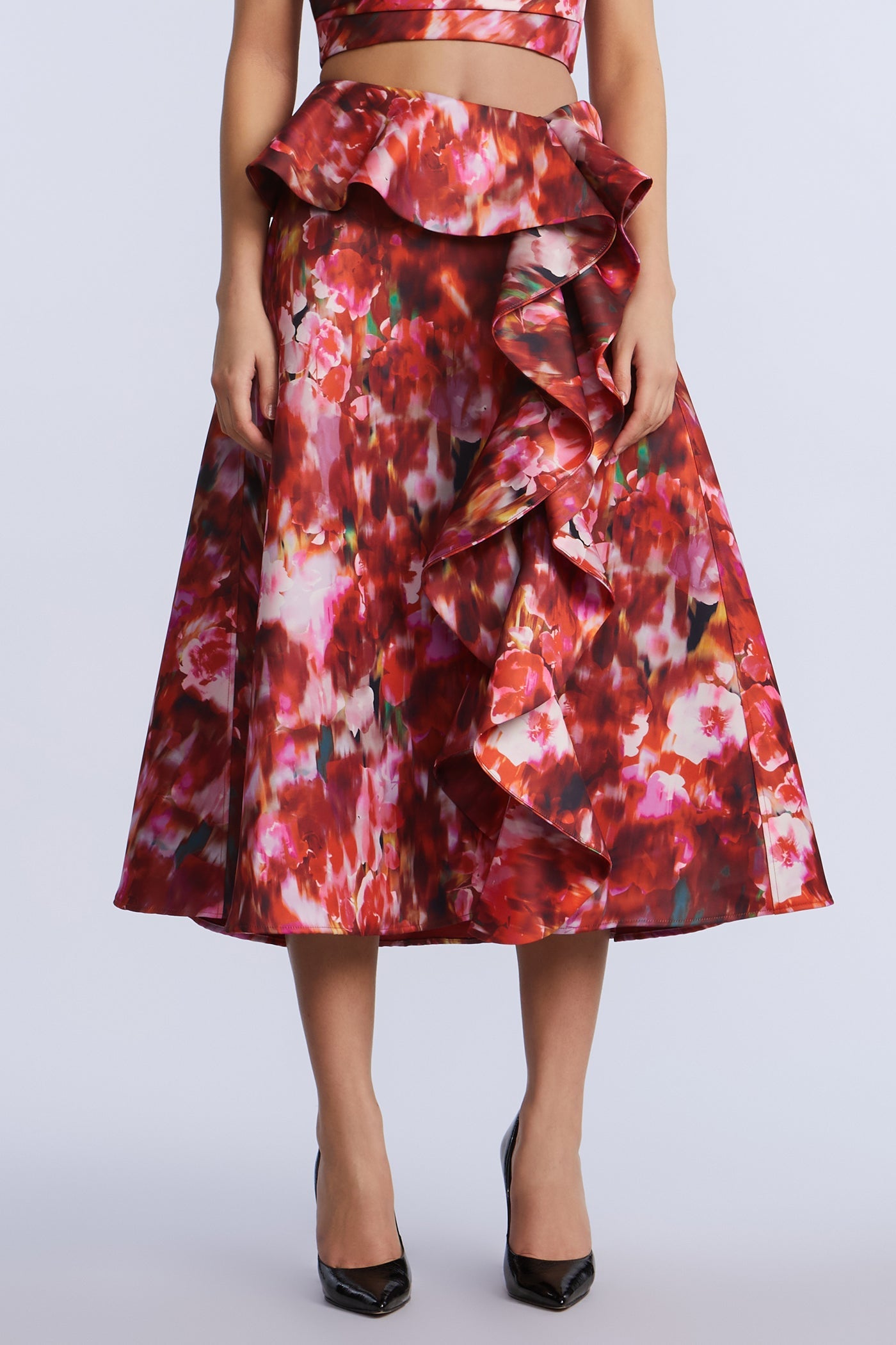 BCBGMAXAZRIA Printed Cascade Midi Skirt Washed Rose Chili Pepper Print