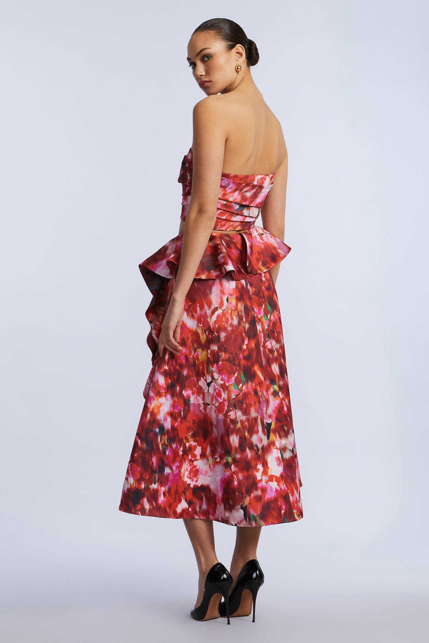 BCBGMAXAZRIA Printed Cascade Midi Skirt Washed Rose Chili Pepper Print