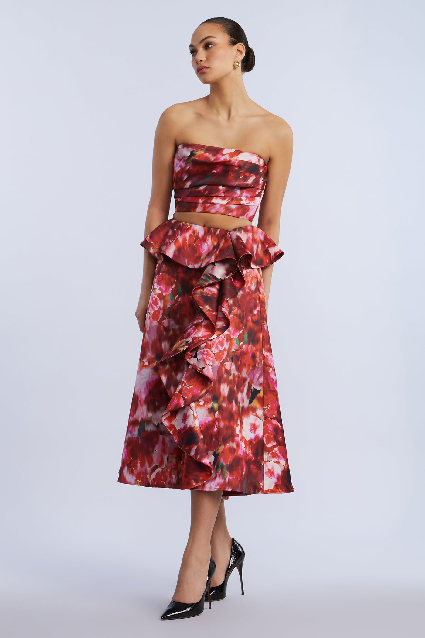 BCBGMAXAZRIA Printed Cascade Midi Skirt Washed Rose Chili Pepper Print