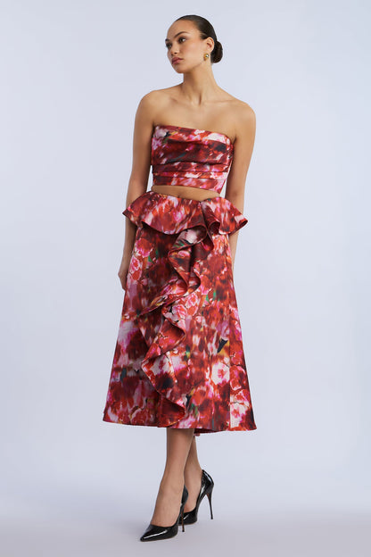 BCBGMAXAZRIA Printed Cascade Midi Skirt Washed Rose Chili Pepper Print