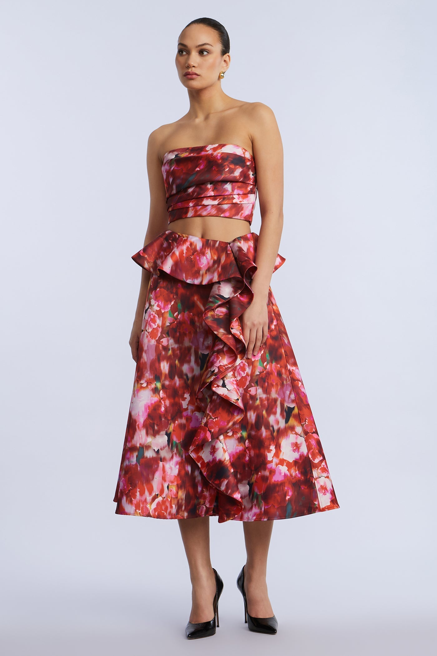 BCBGMAXAZRIA Printed Cascade Midi Skirt Washed Rose Chili Pepper Print