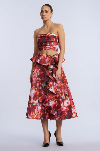 BCBGMAXAZRIA Printed Cascade Midi Skirt Washed Rose Chili Pepper Print