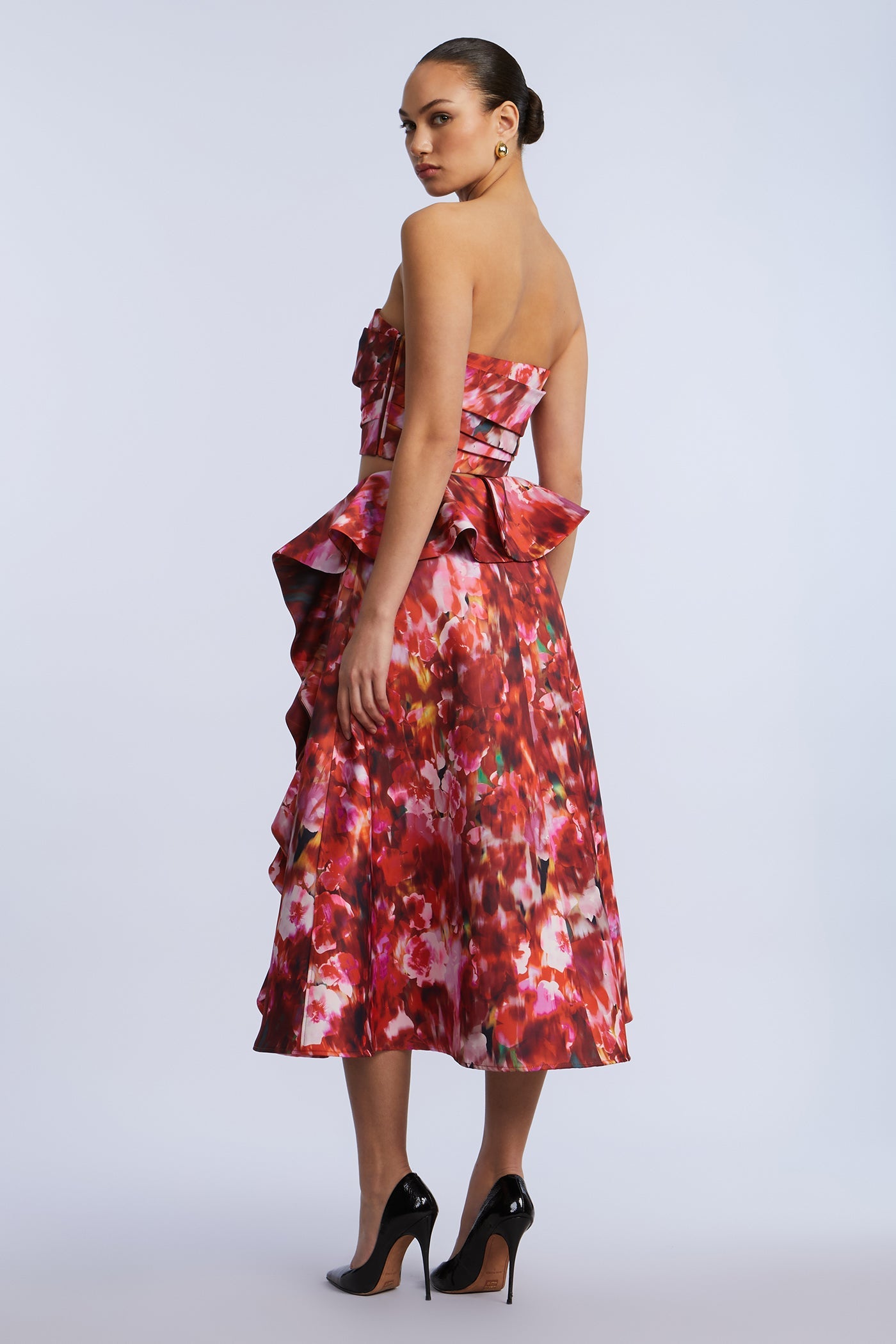BCBGMAXAZRIA Printed Cascade Midi Skirt Washed Rose Chili Pepper Print