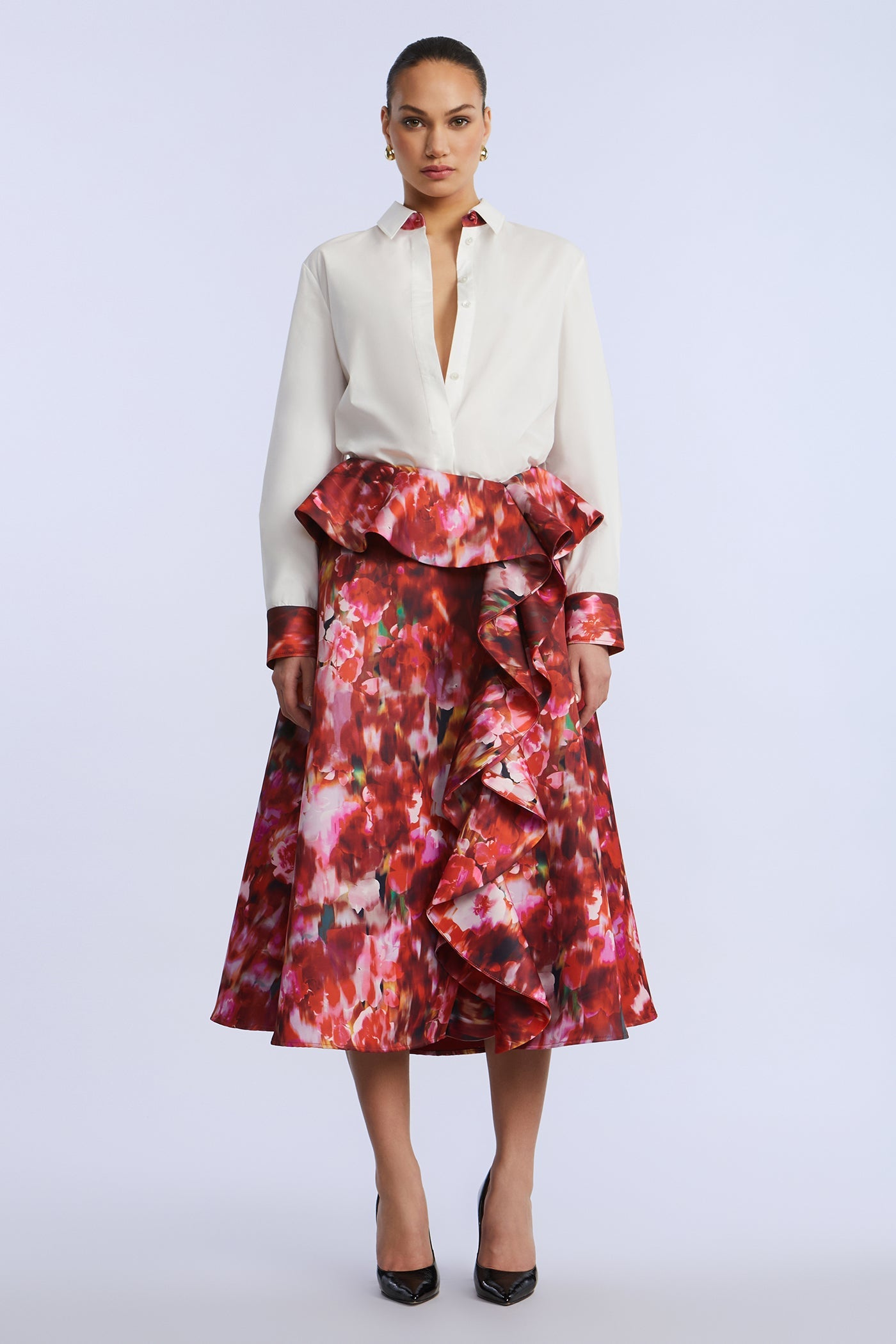 BCBGMAXAZRIA Printed Cascade Midi Skirt Washed Rose Chili Pepper Print
