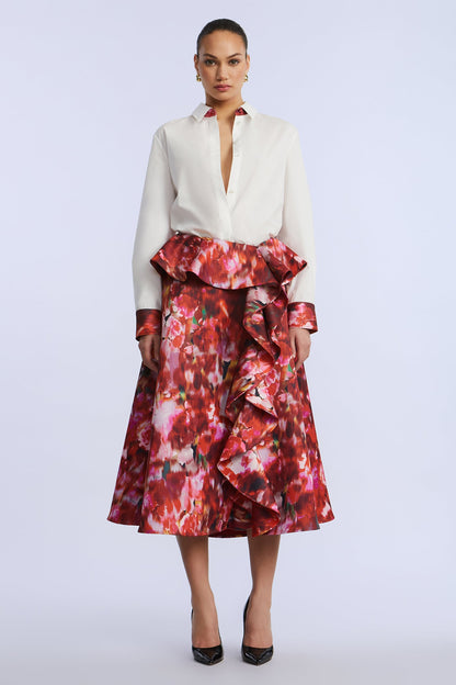 BCBGMAXAZRIA Printed Cascade Midi Skirt Washed Rose Chili Pepper Print