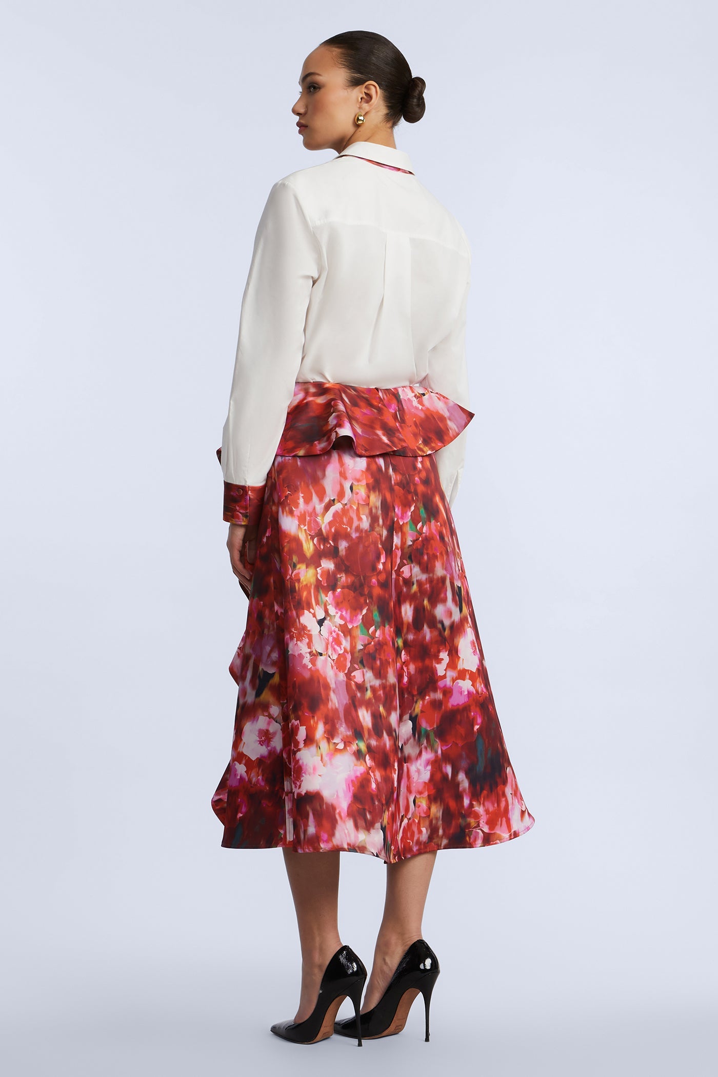 BCBGMAXAZRIA Printed Cascade Midi Skirt Washed Rose Chili Pepper Print