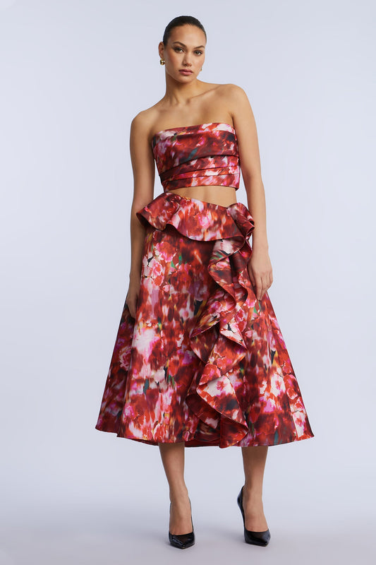BCBGMAXAZRIA Pleated Satin Bustier Washed Rose Chili Pepper Print