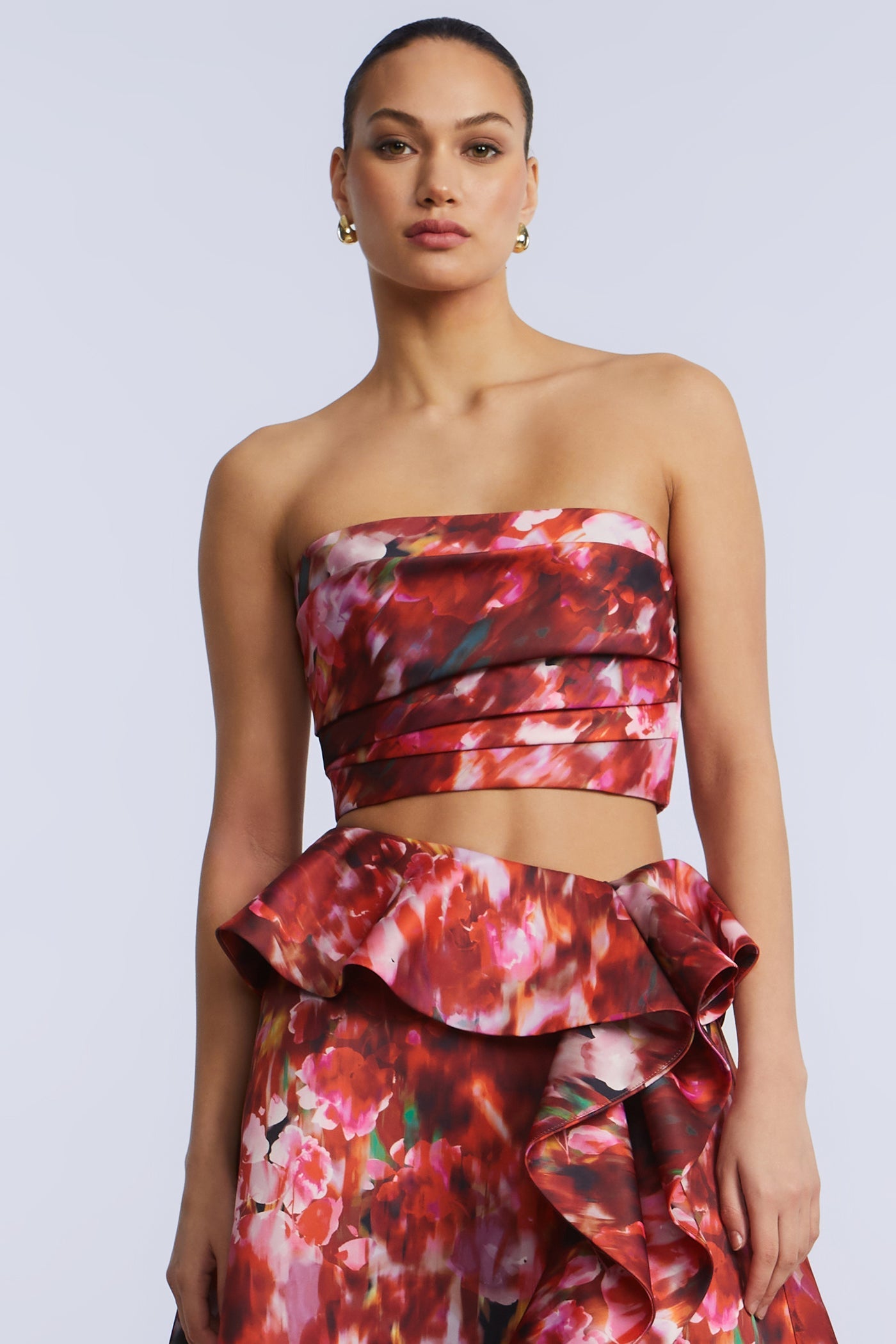 BCBGMAXAZRIA Pleated Satin Bustier Washed Rose Chili Pepper Print