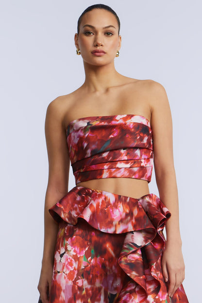 BCBGMAXAZRIA Pleated Satin Bustier Washed Rose Chili Pepper Print