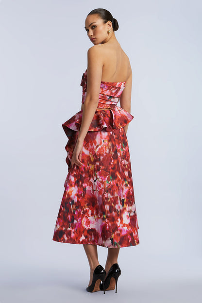 BCBGMAXAZRIA Pleated Satin Bustier Washed Rose Chili Pepper Print