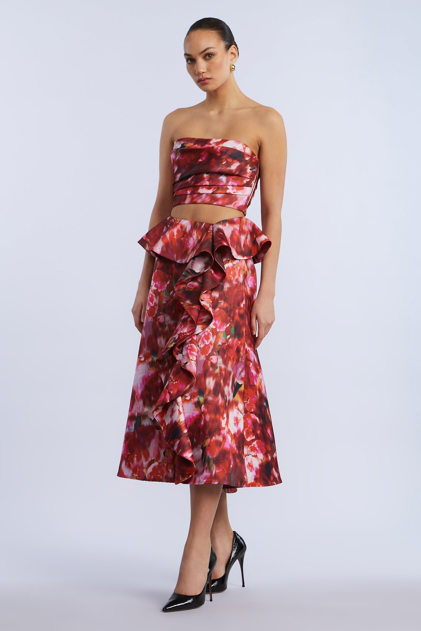 BCBGMAXAZRIA Pleated Satin Bustier Washed Rose Chili Pepper Print